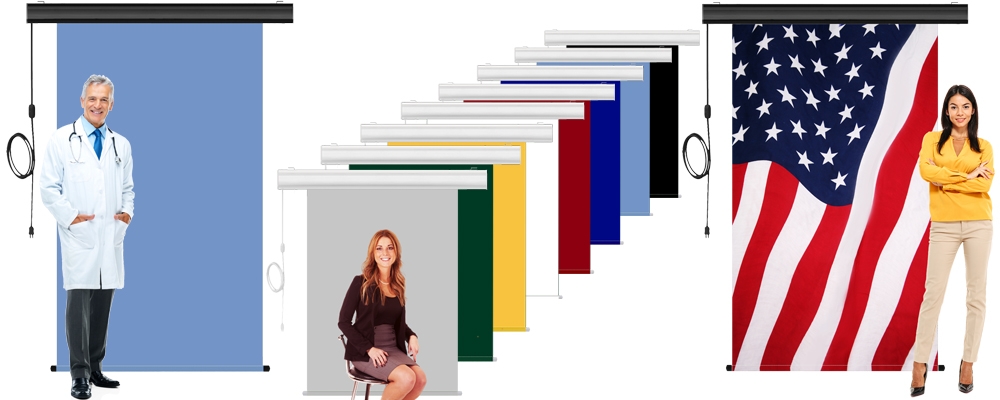 An array of motorized retractable photo backdrops.