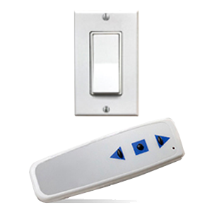Image shows the three-position wall switch and the infrared remote for motorized photo backdrops.