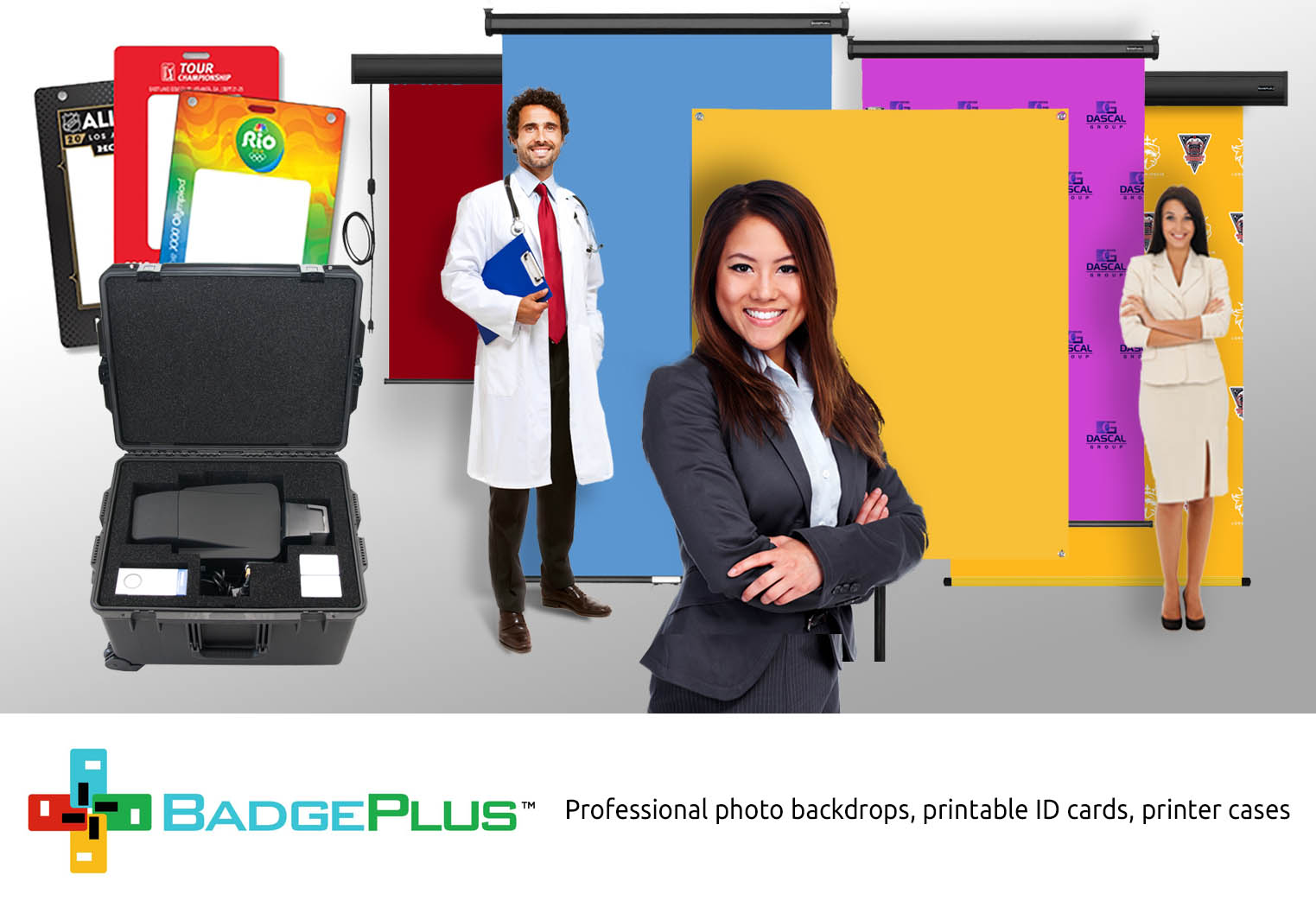 BadgePlus has Professional photo backdrops, printable ID cards, printer cases.